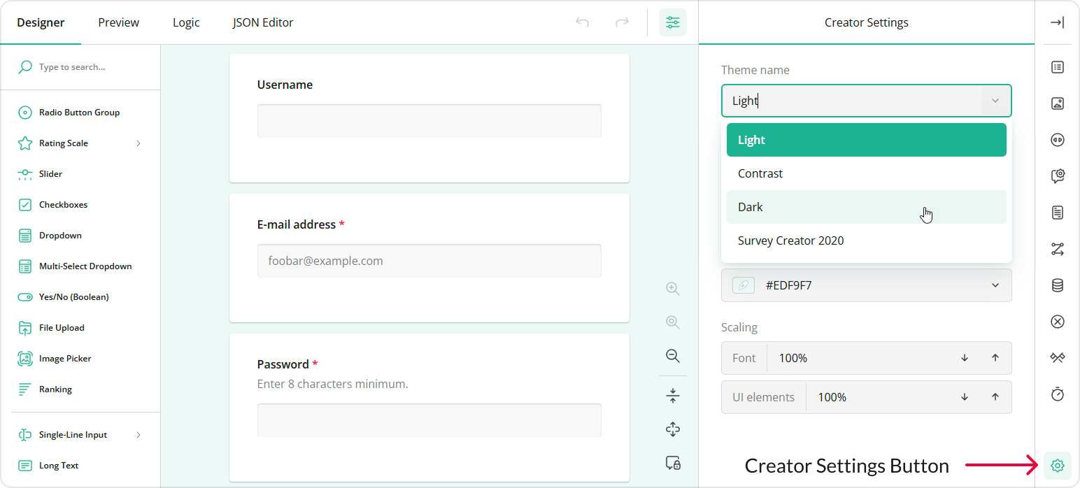 Survey Creator: Predefined themes in a drop-down list