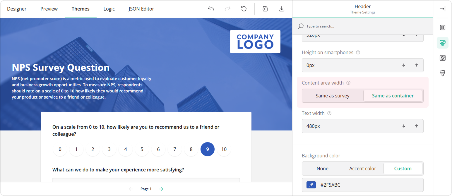 Advanced survey header settings: Area width of the header content