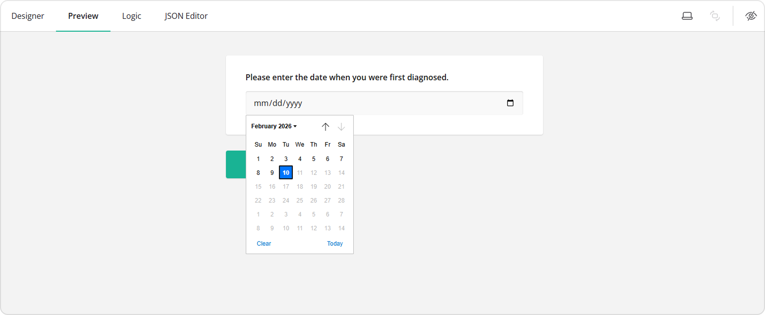 Preview tab showing future dates disabled in the Date Picker
