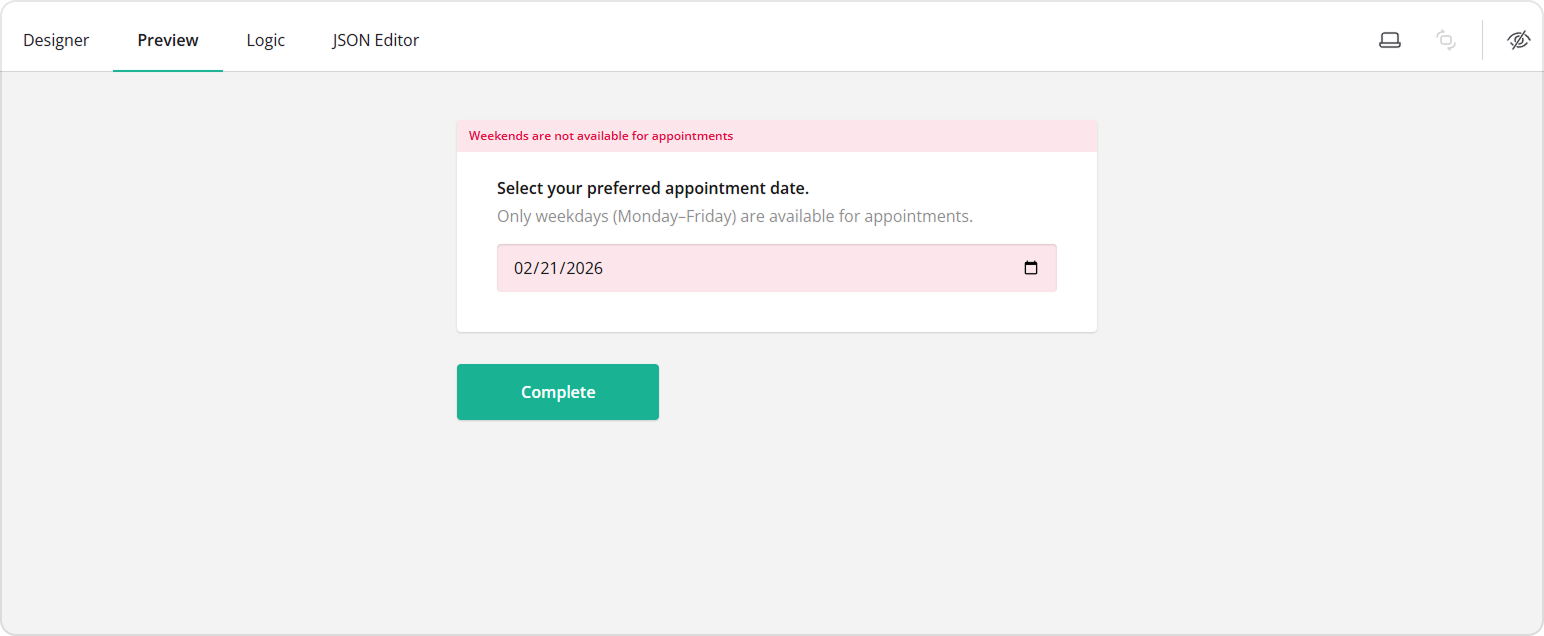 Preview of the validation rule for weekends