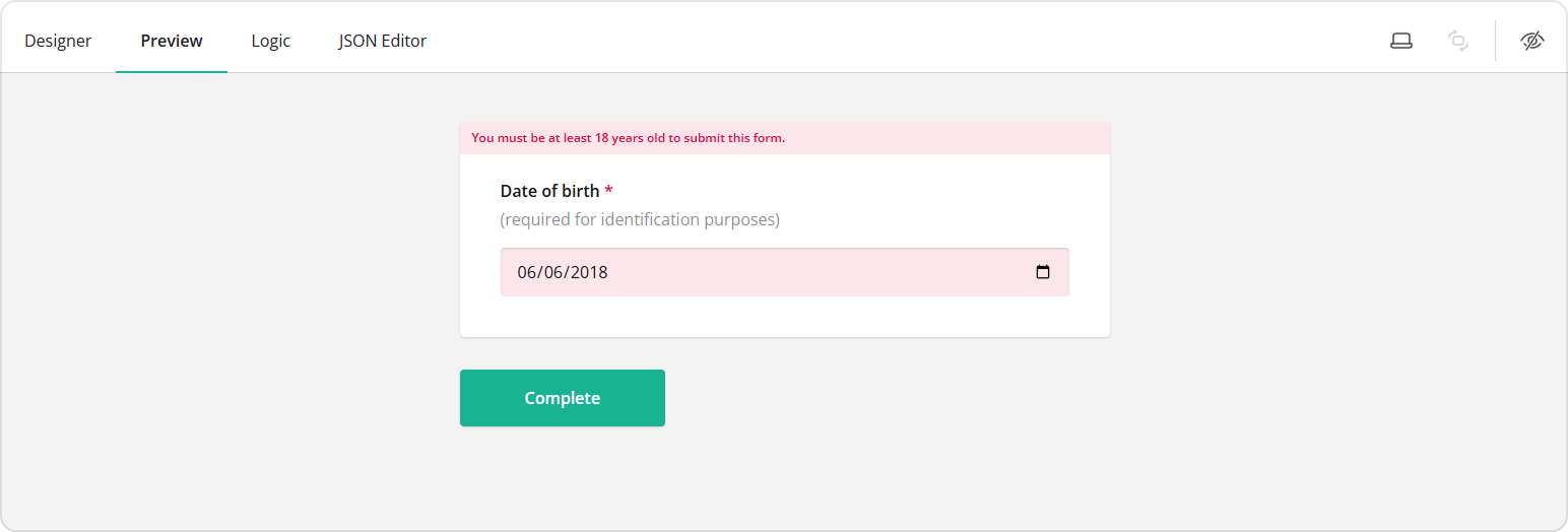 Test age validation in the Preview tab