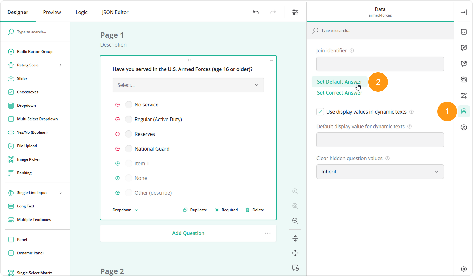 Set Default Answer property