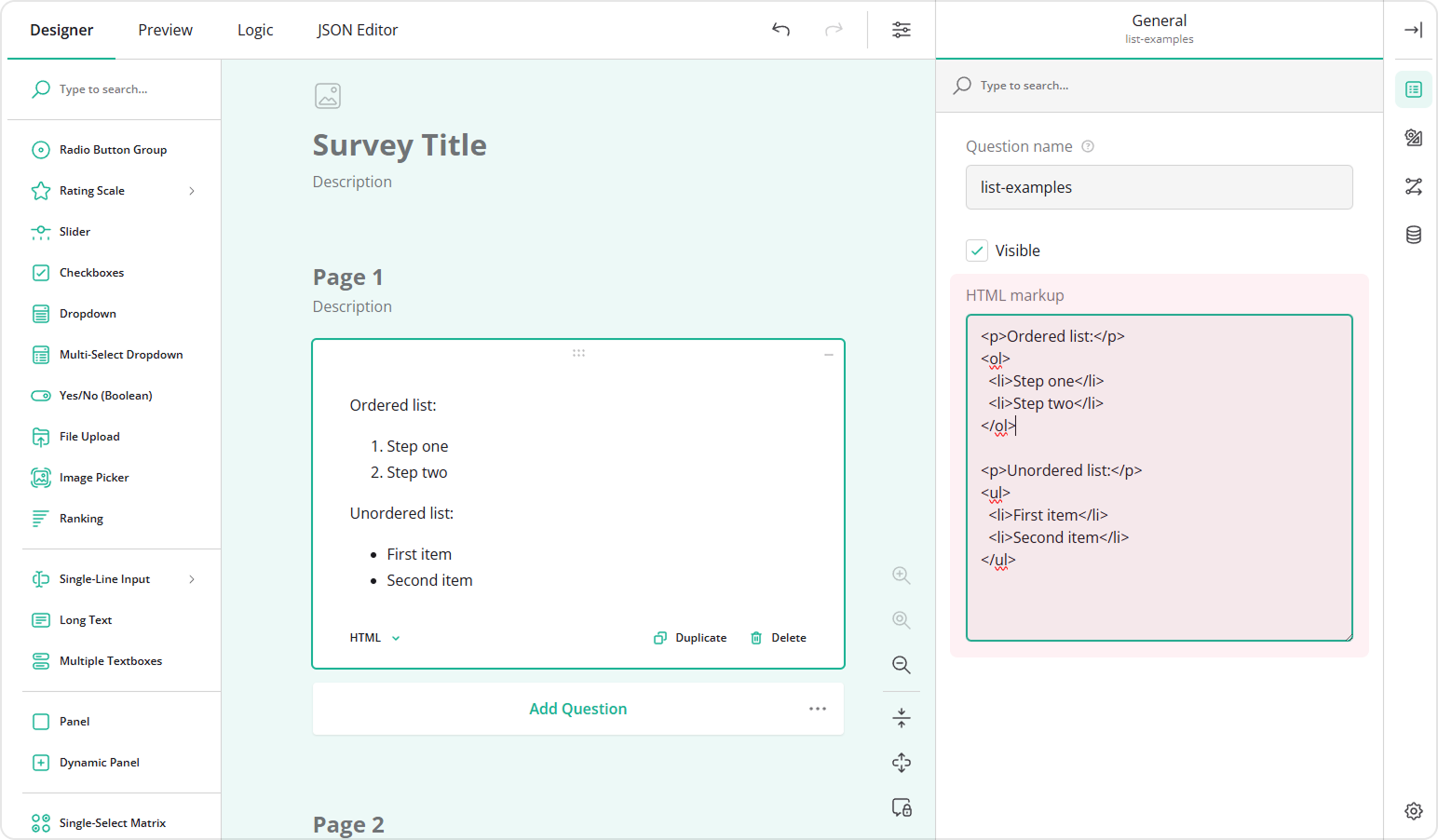 Examples of unordered and ordered list tags