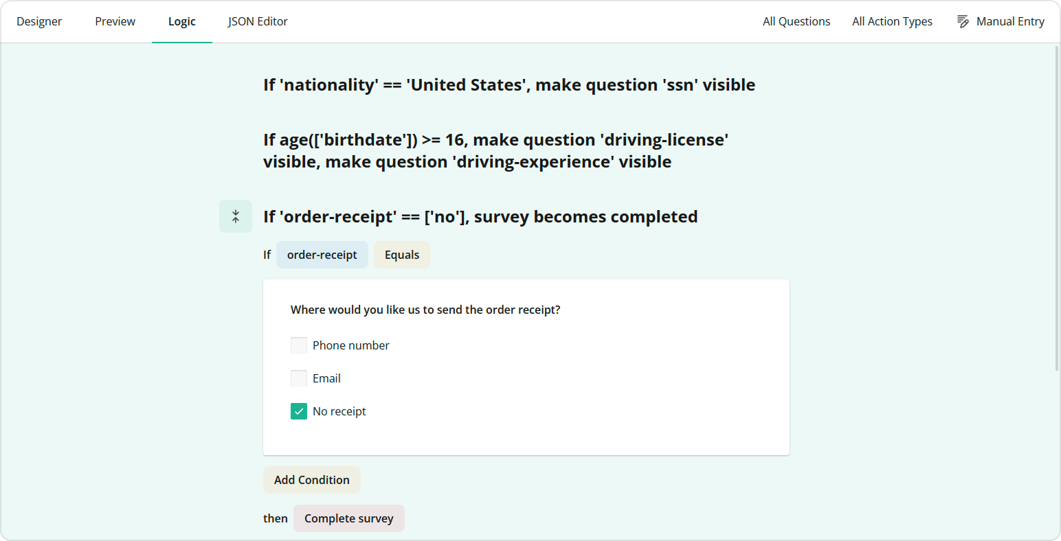 Survey Creator: Edit and remove display logic rules in the Logic tab
