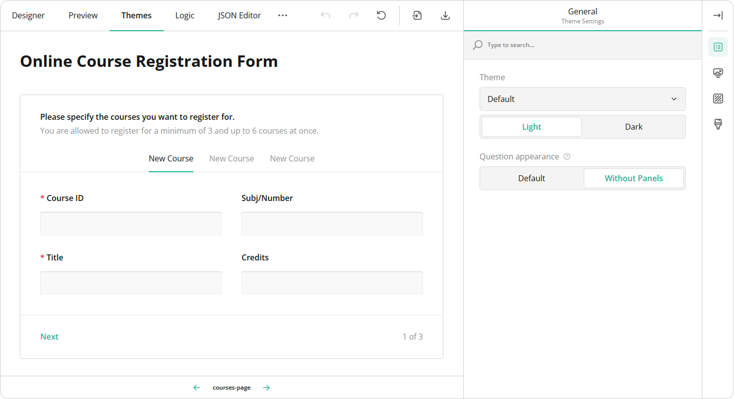 Survey elements grouped within a panel