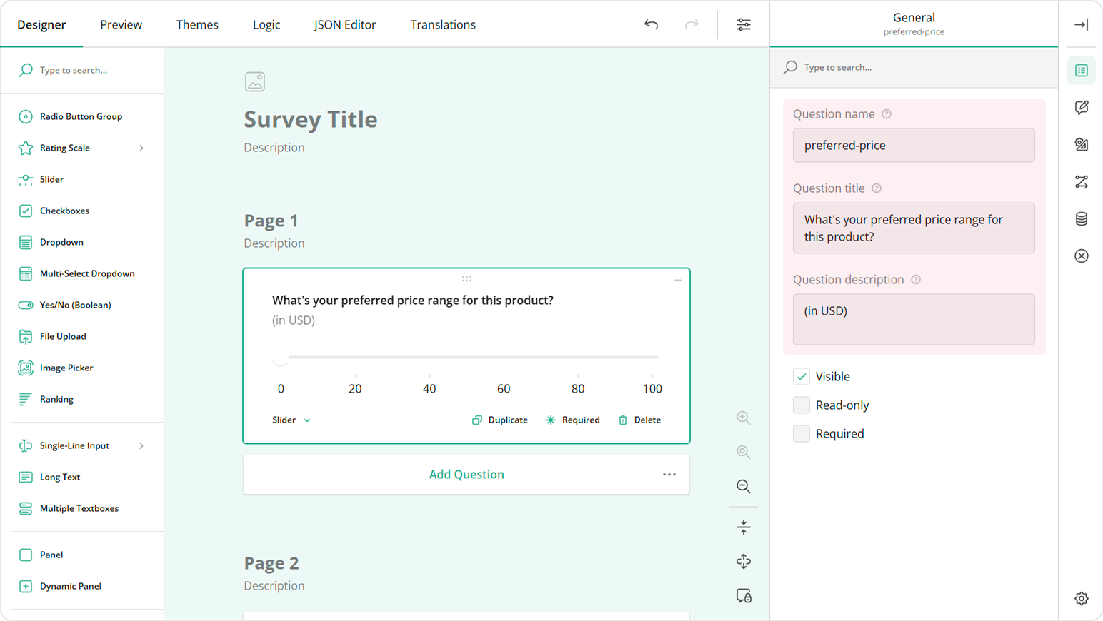 Add name and title to the Range Slider question