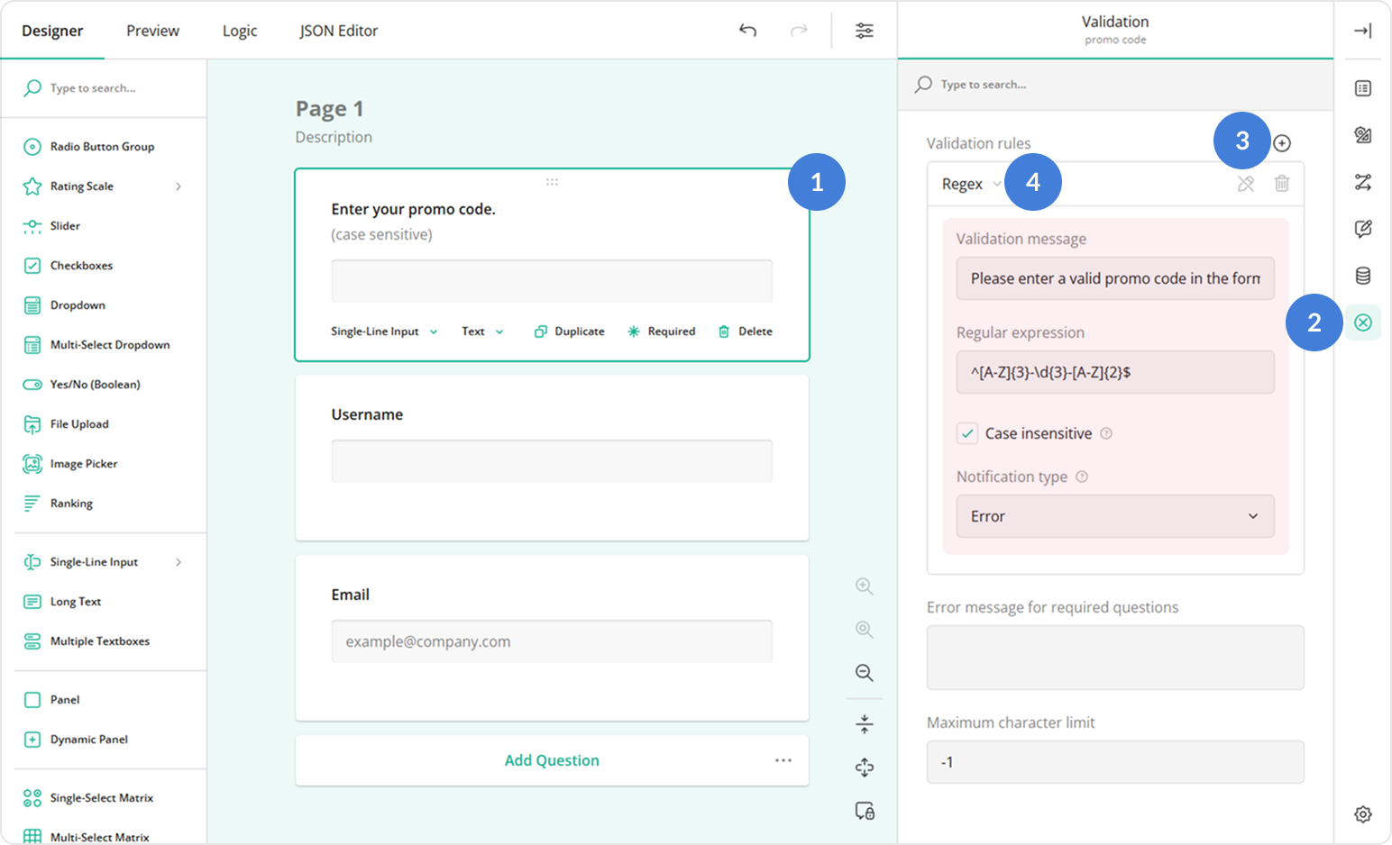 Create a validation rule using the Regex validator