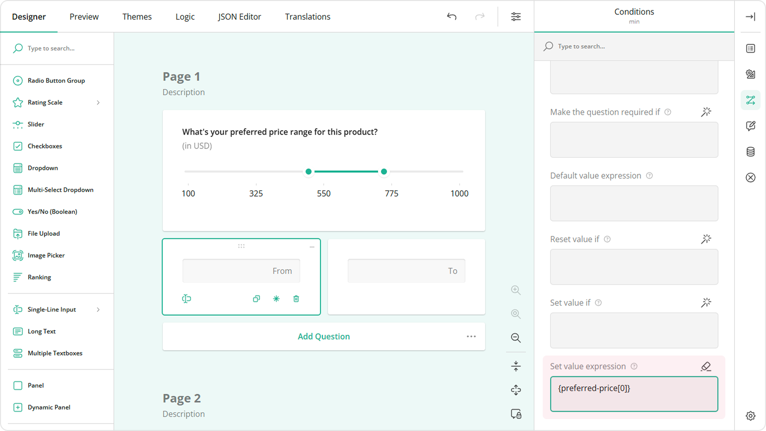Set value expression for the minimum value input field