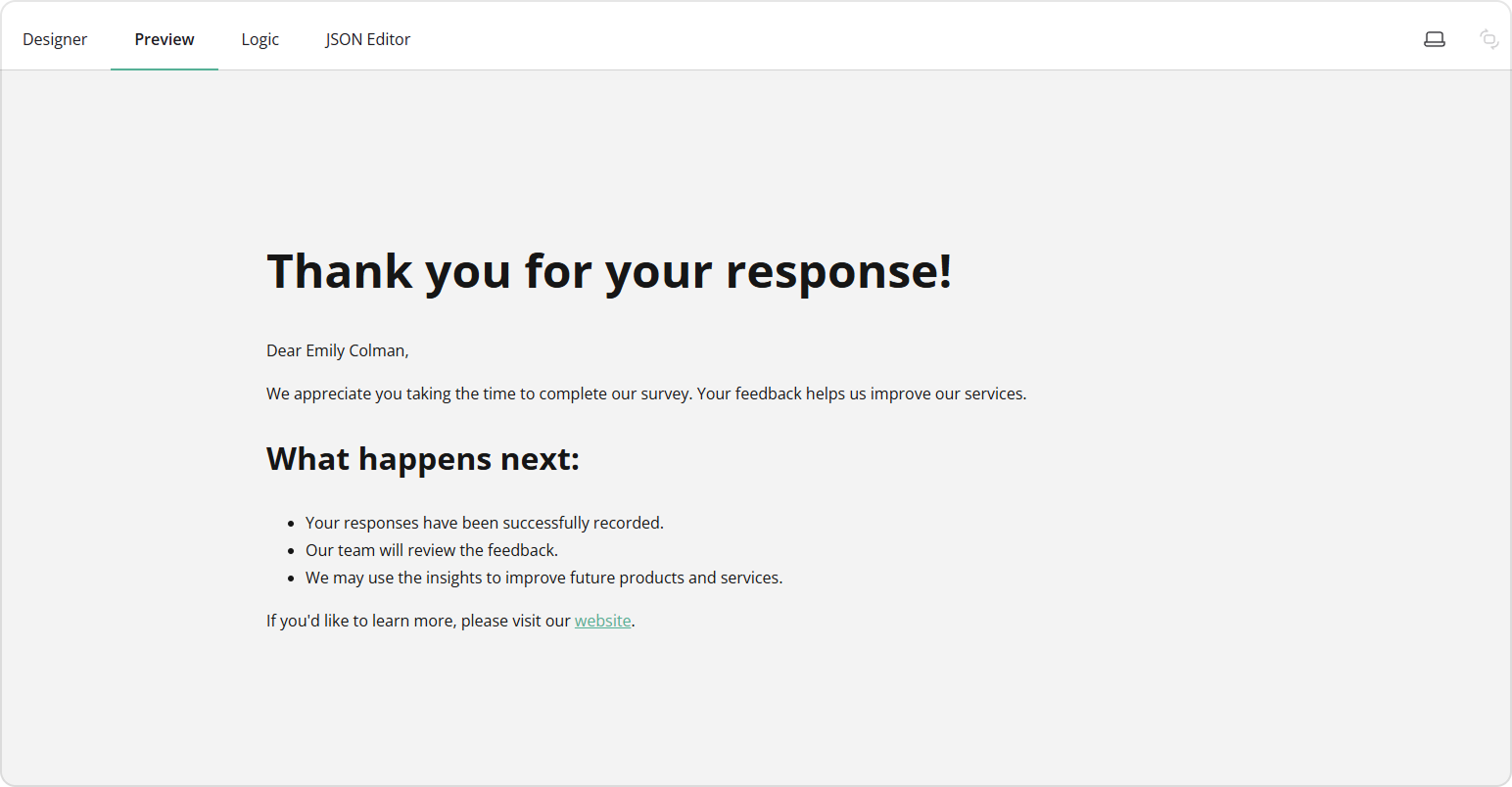 Custom "Thank You" page created with HTML markup