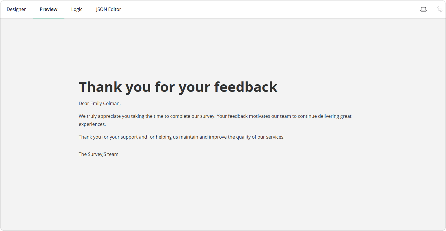 A "Thank You" page with dynamic markup based on user response