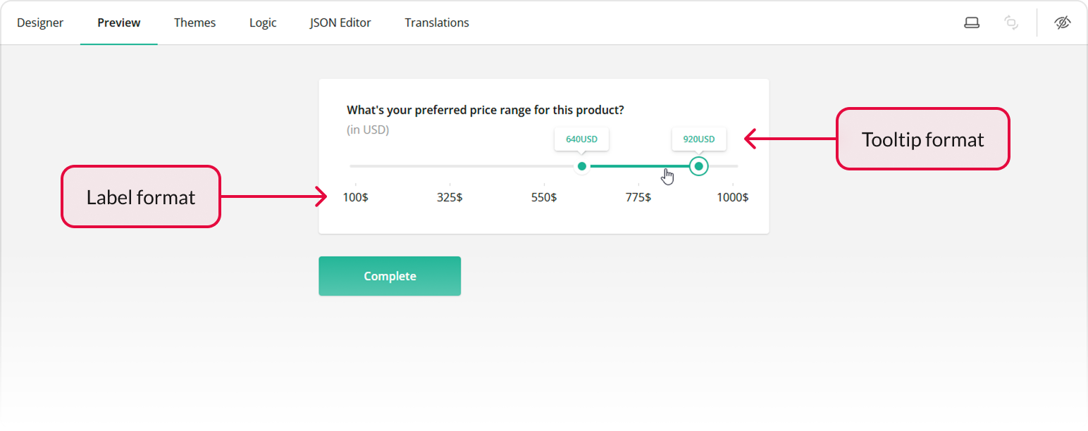 The tooltip and label formats preview