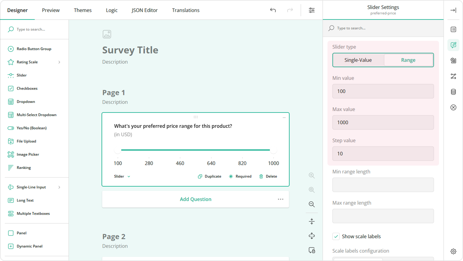 Set the step and the min and max values for the Range Slider