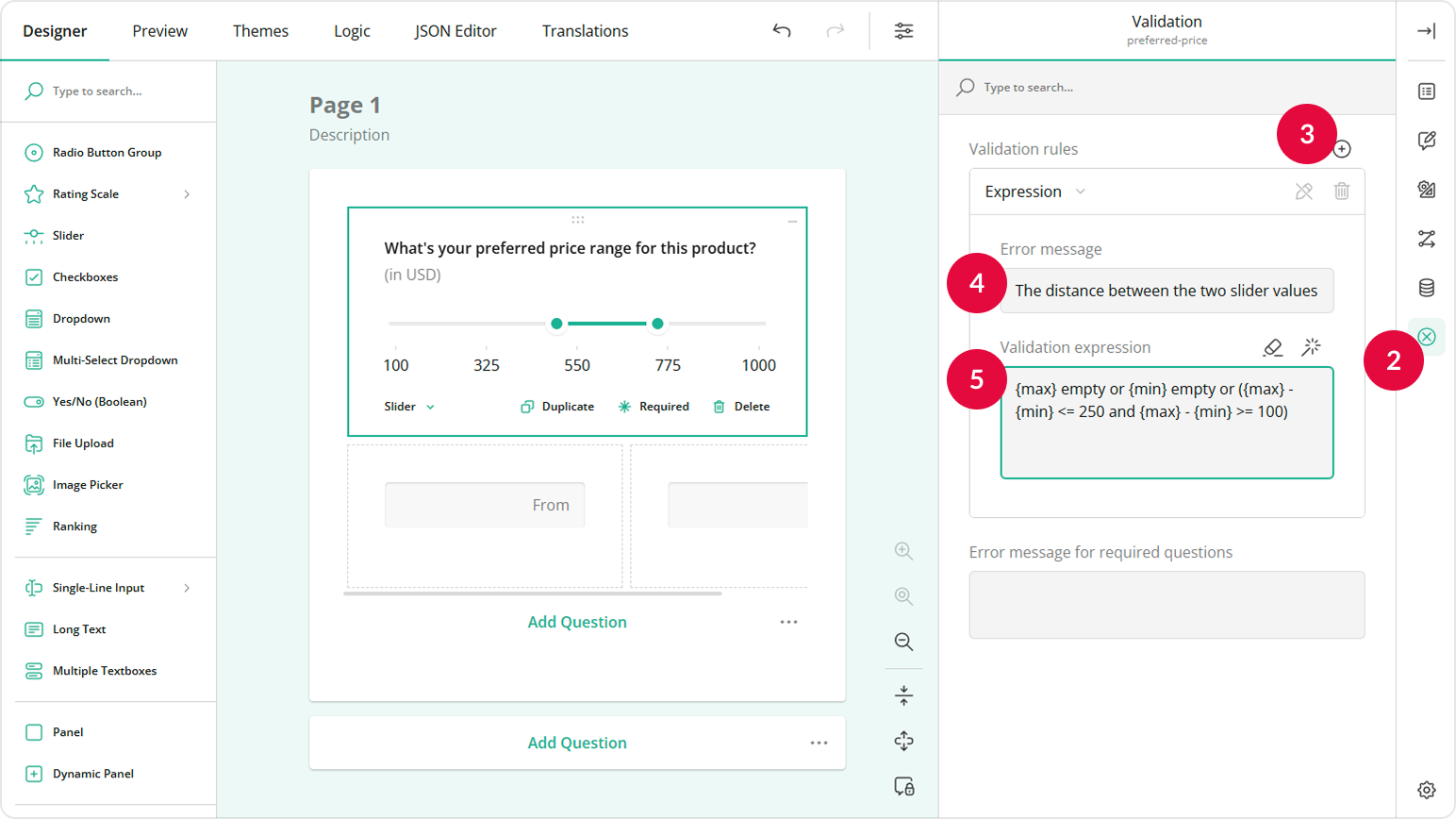 Configure a validation rule for the range length limits defined via the input fields.
