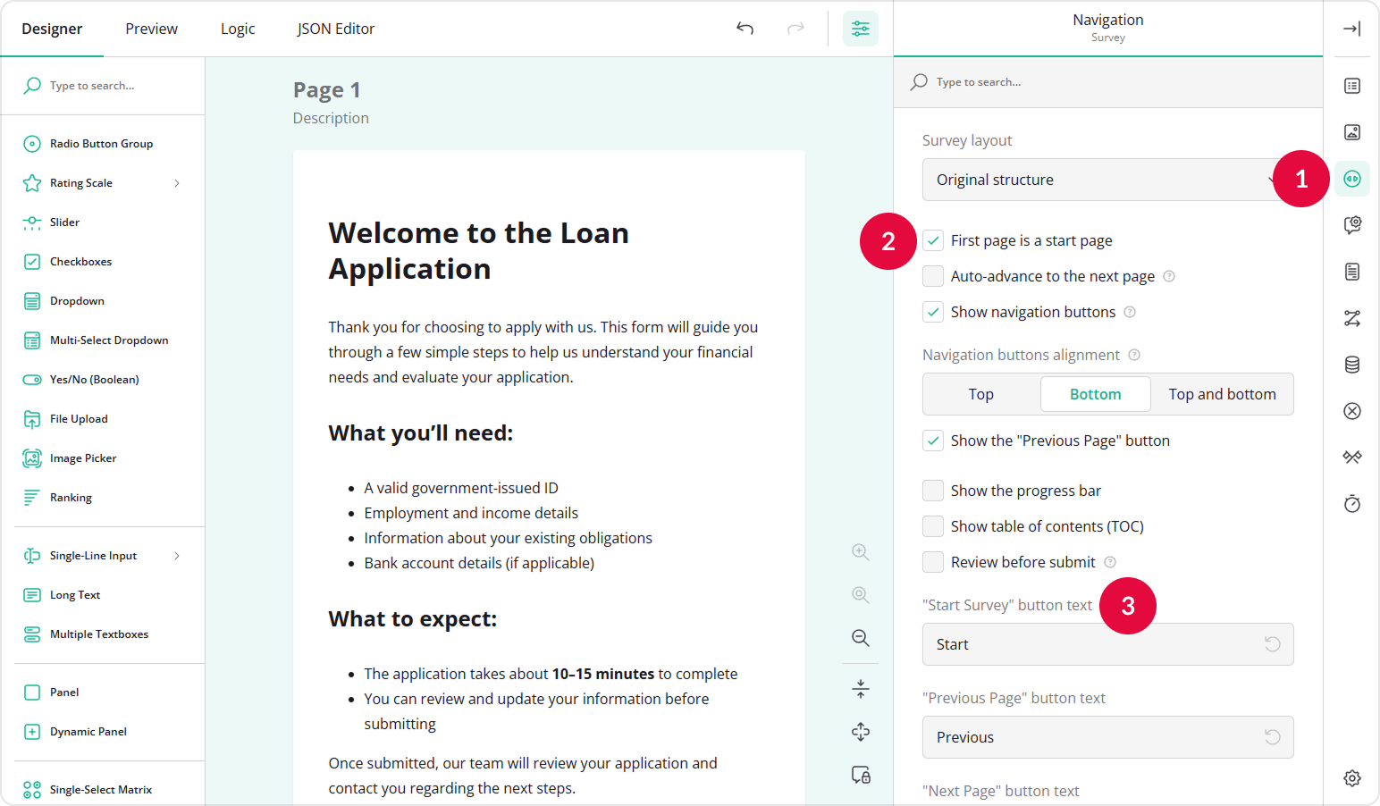 Make the first page of a form a start page