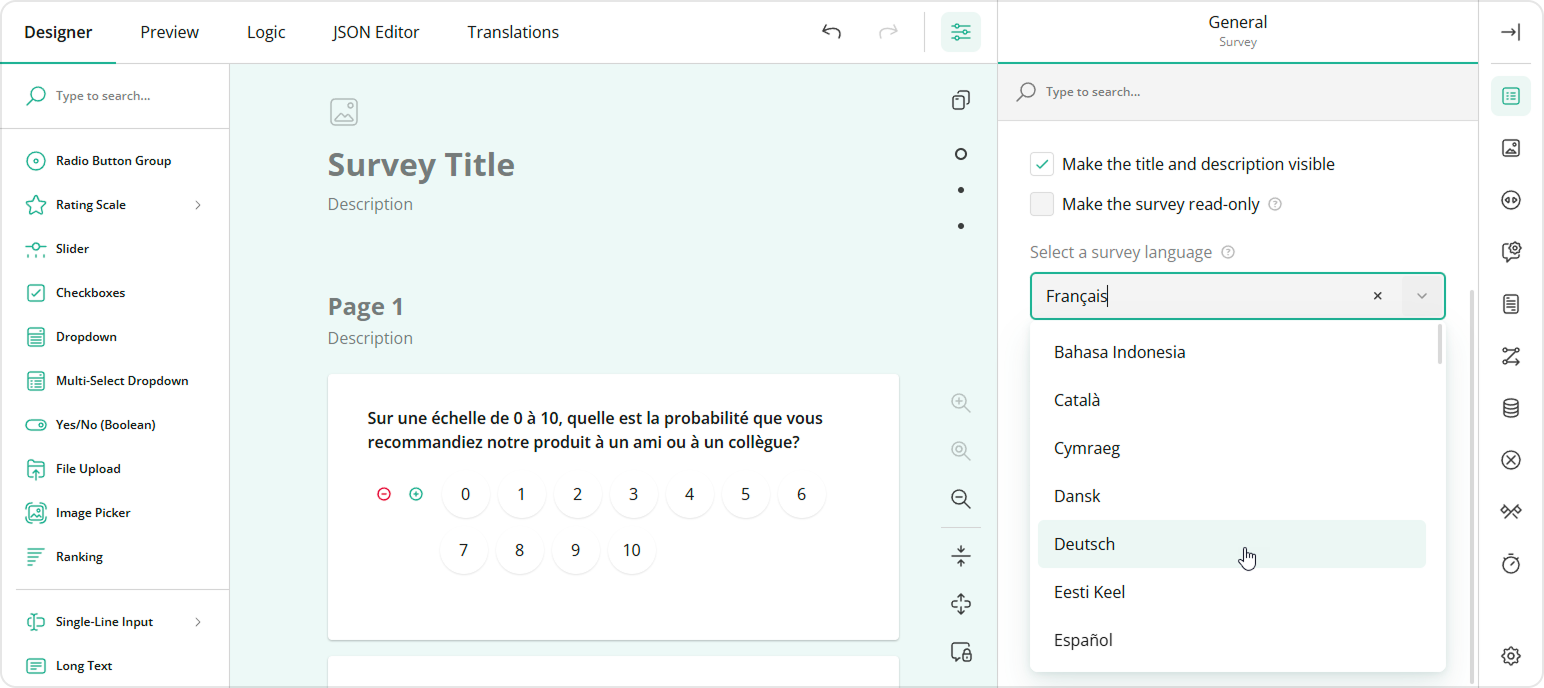 Survey Creator - Survey Language dropdown