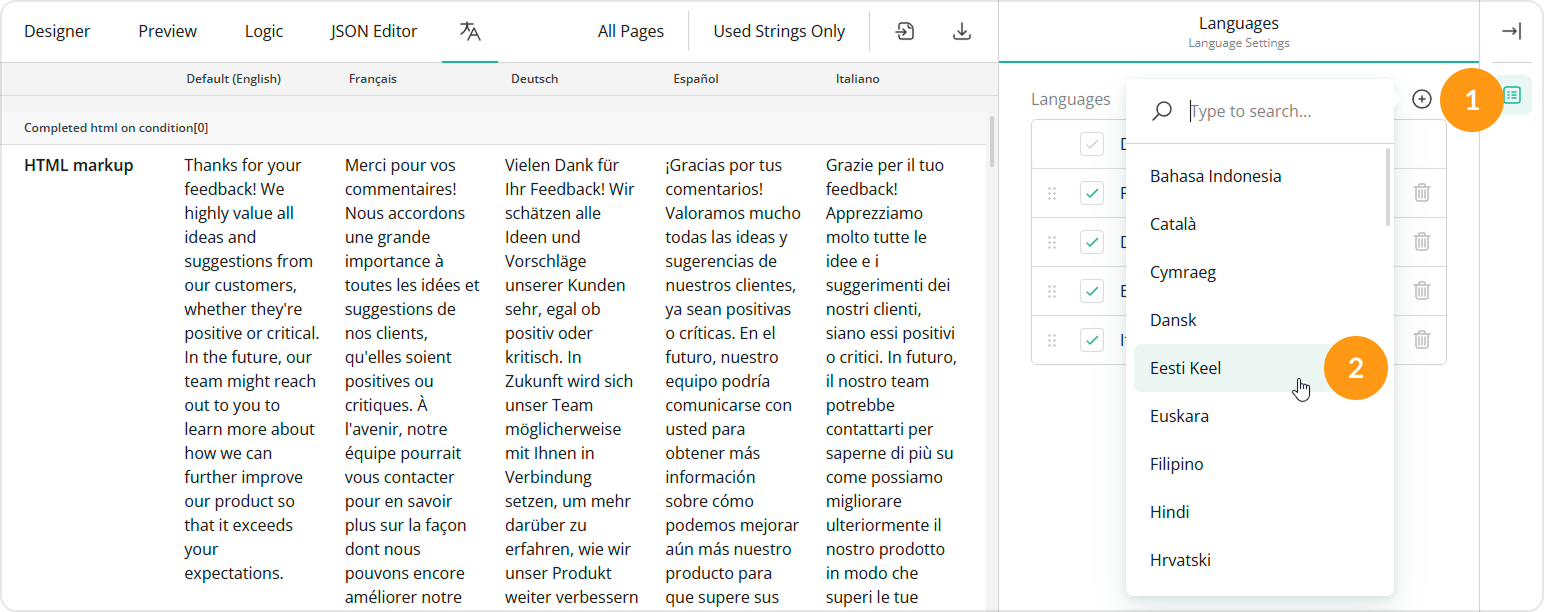 Survey Creator - Language settings in the Translation tab