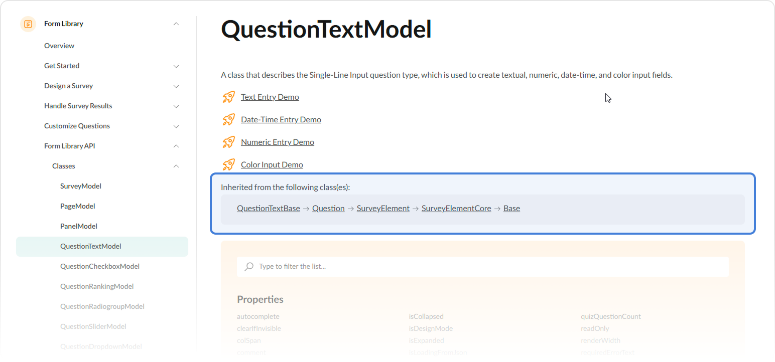 The inheritance chain of survey element classes