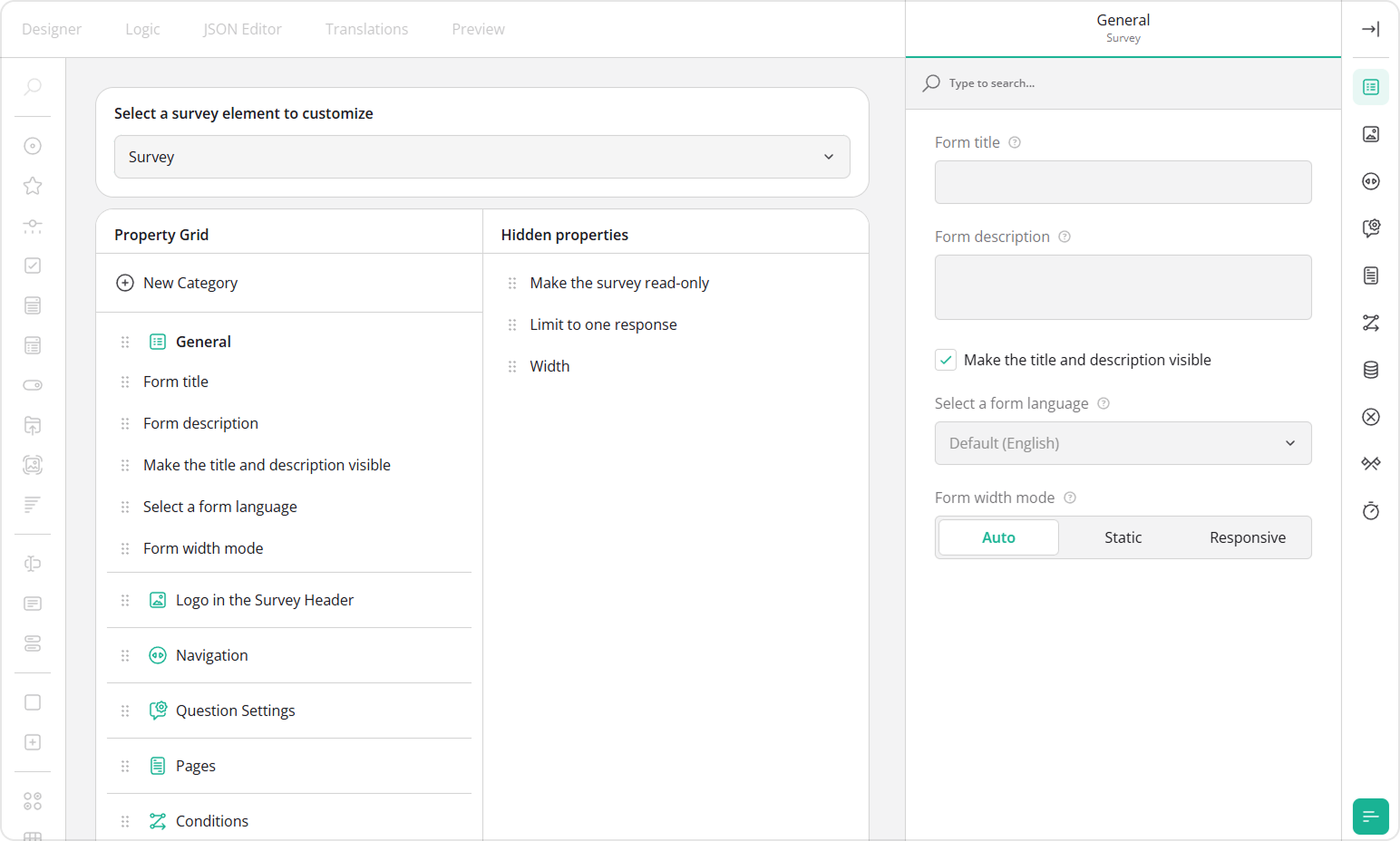 UI Preset Editor for Survey Creator: Property Grip configuration
