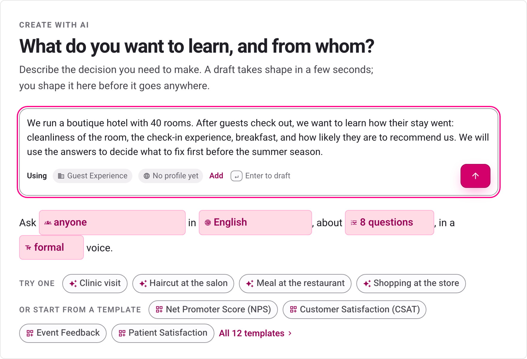 Pollarix brief screen where a user describes a survey in one paragraph