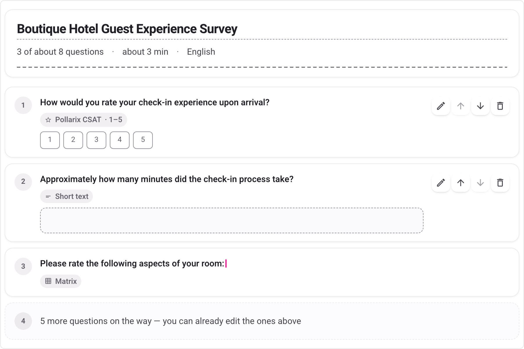A Pollarix AI survey draft streaming in, with three questions written and five more on the way