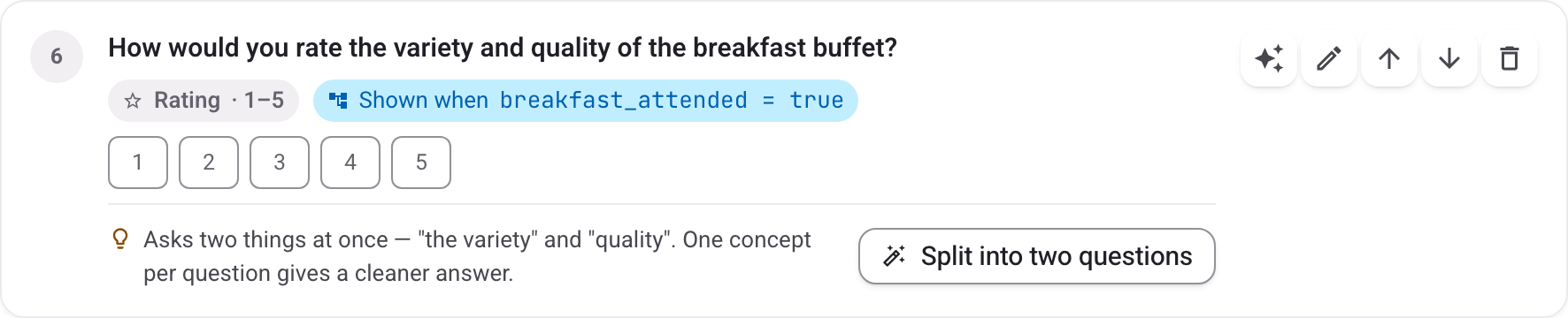 A Pollarix check flagging a breakfast question that asks about variety and quality at once, with a Split into two questions button