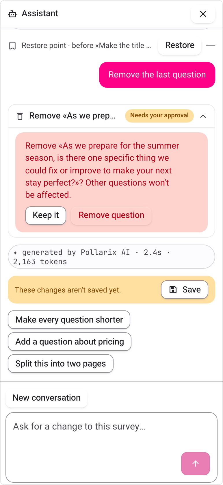 The Pollarix AI assistant asking for approval before it removes a question
