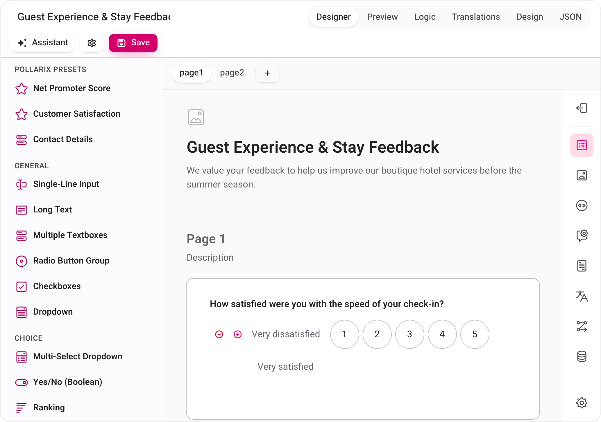 An AI-drafted survey open in SurveyJS Survey Creator inside Pollarix, with Pollarix presets in the Toolbox