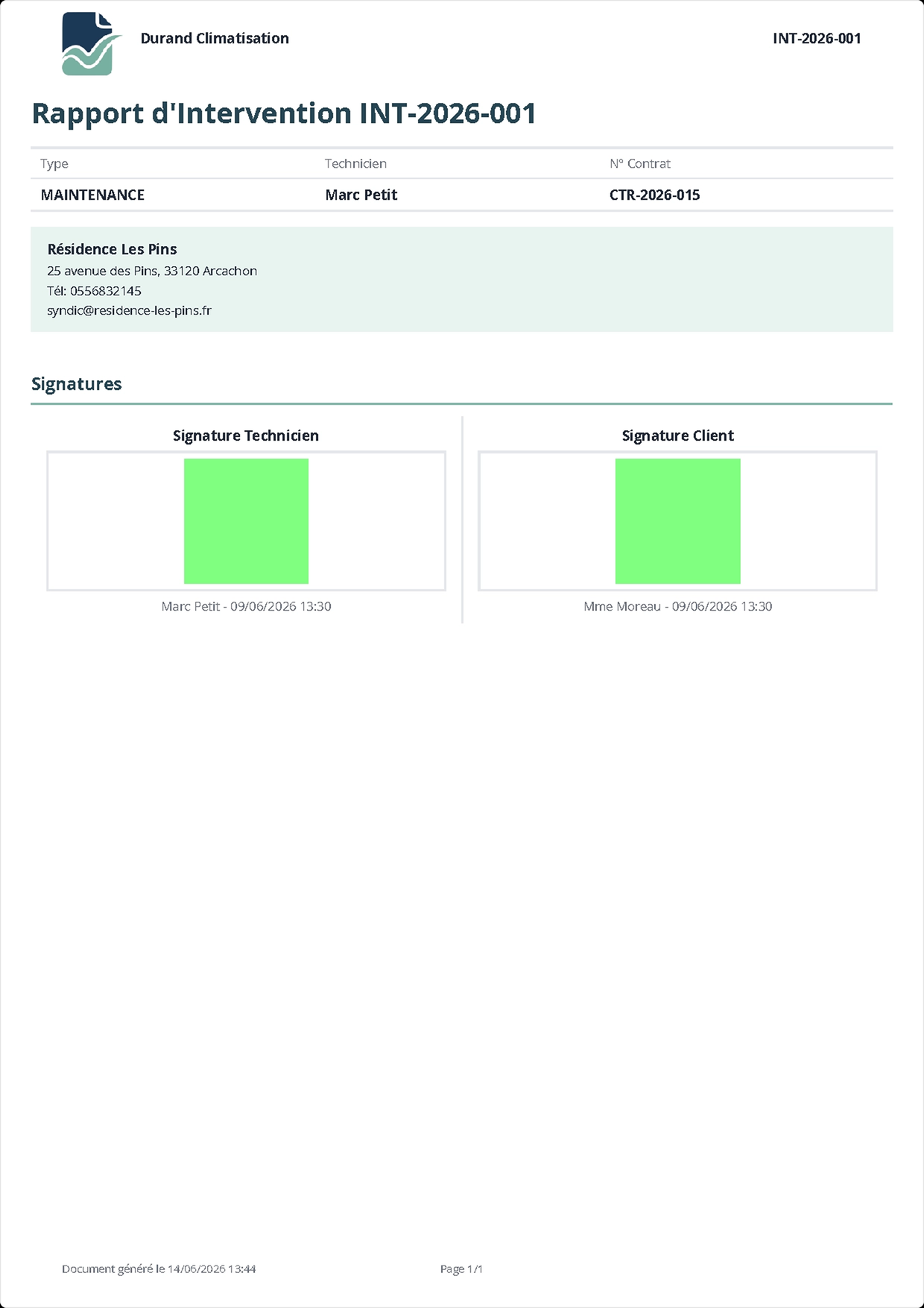 A generated PDF report with logo and both signatures