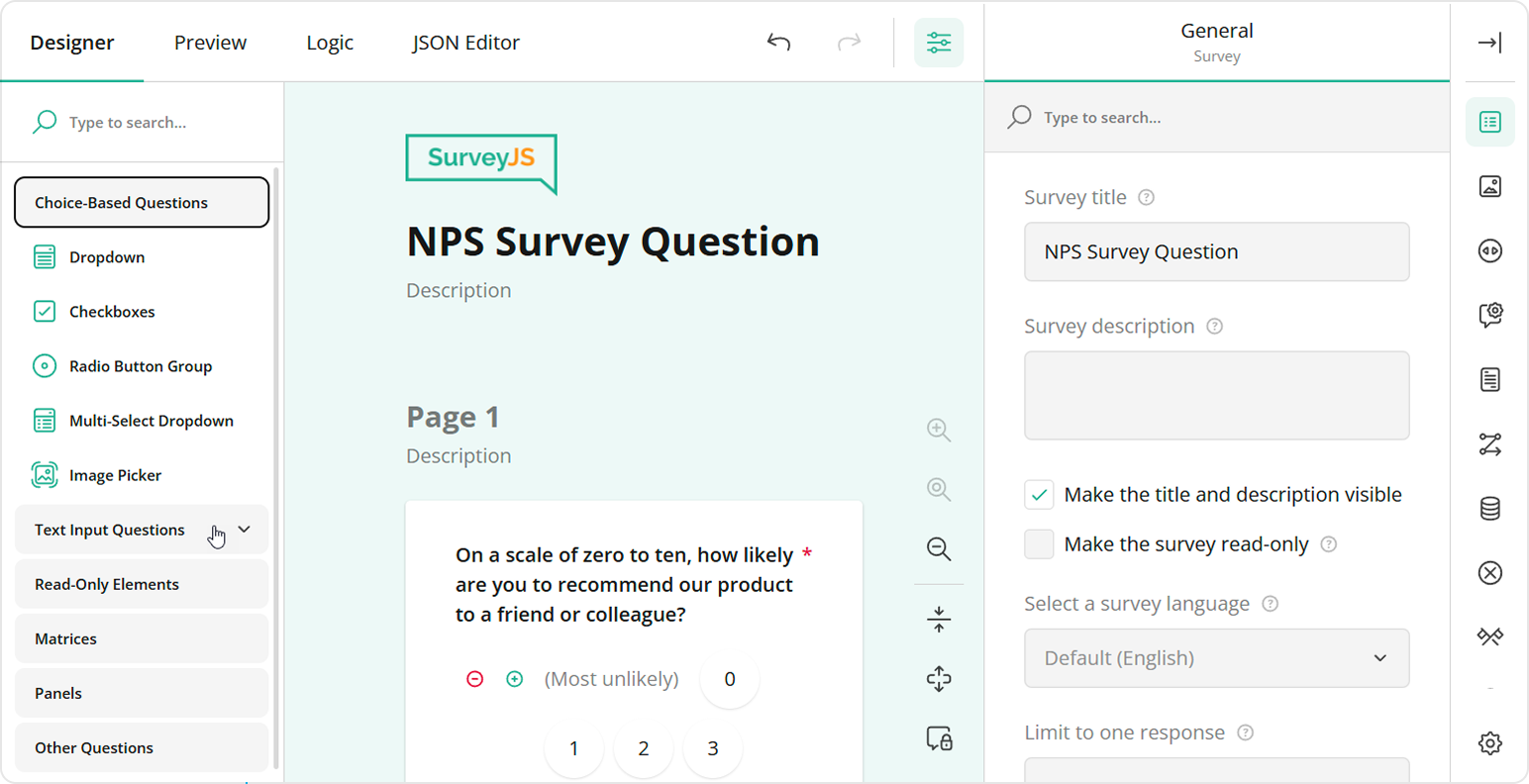 Survey Creator: Toolbox categories