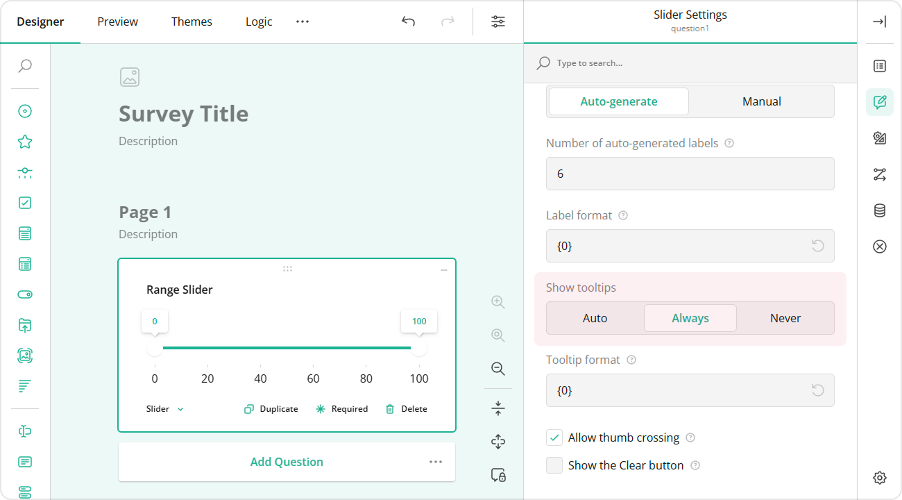 SurveyJS Range Slider: Display thumb tooltips at all times