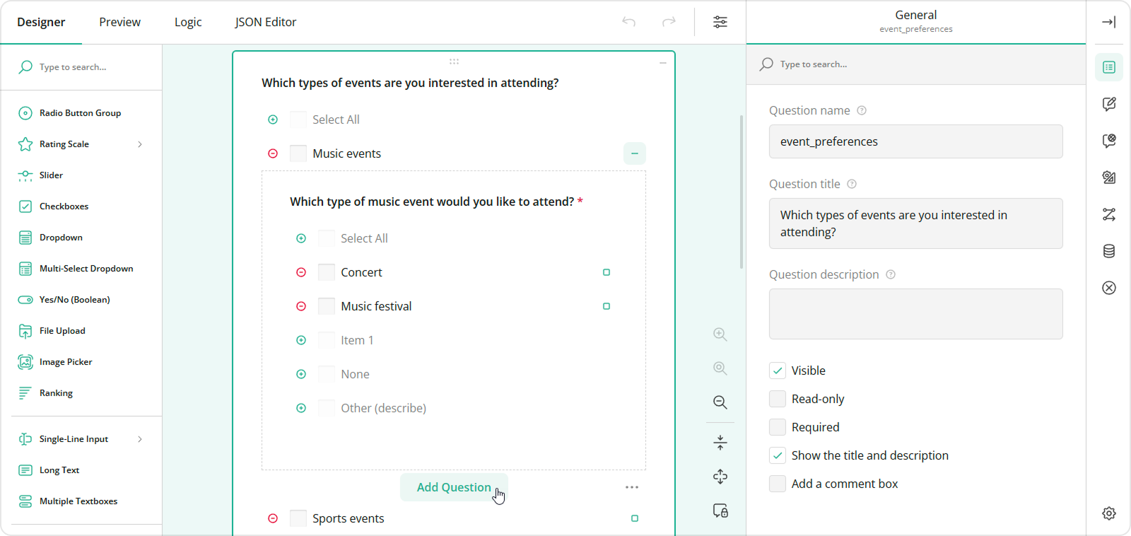 SurveyJS Creator: Nest content within choice options
