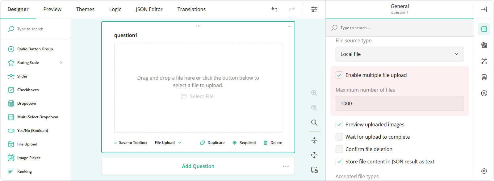 SurveyJS Form Library: Specify the maximum number of uploaded files