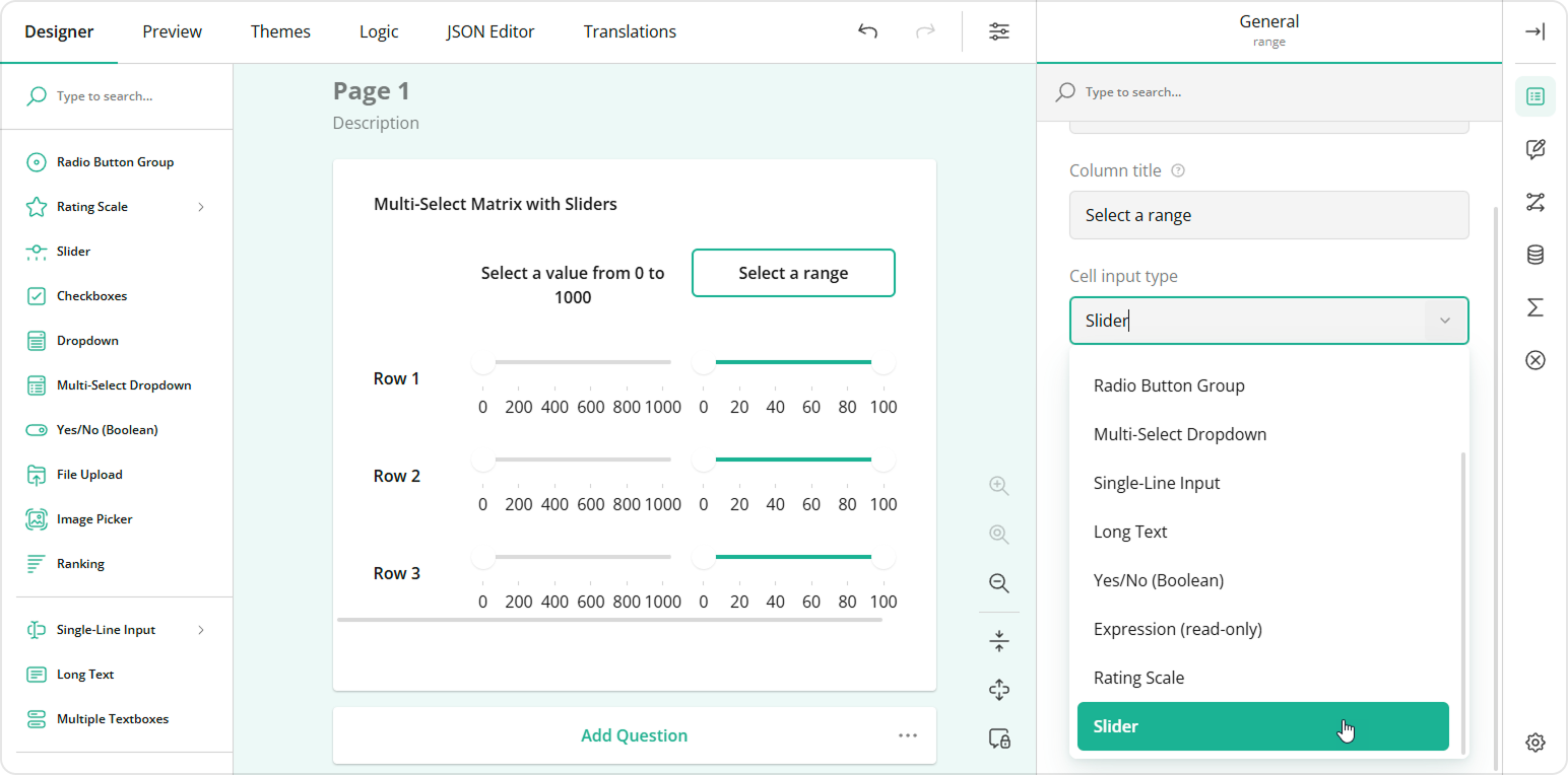 Survey Creator: Slider cell type in Multi-Select Matrix