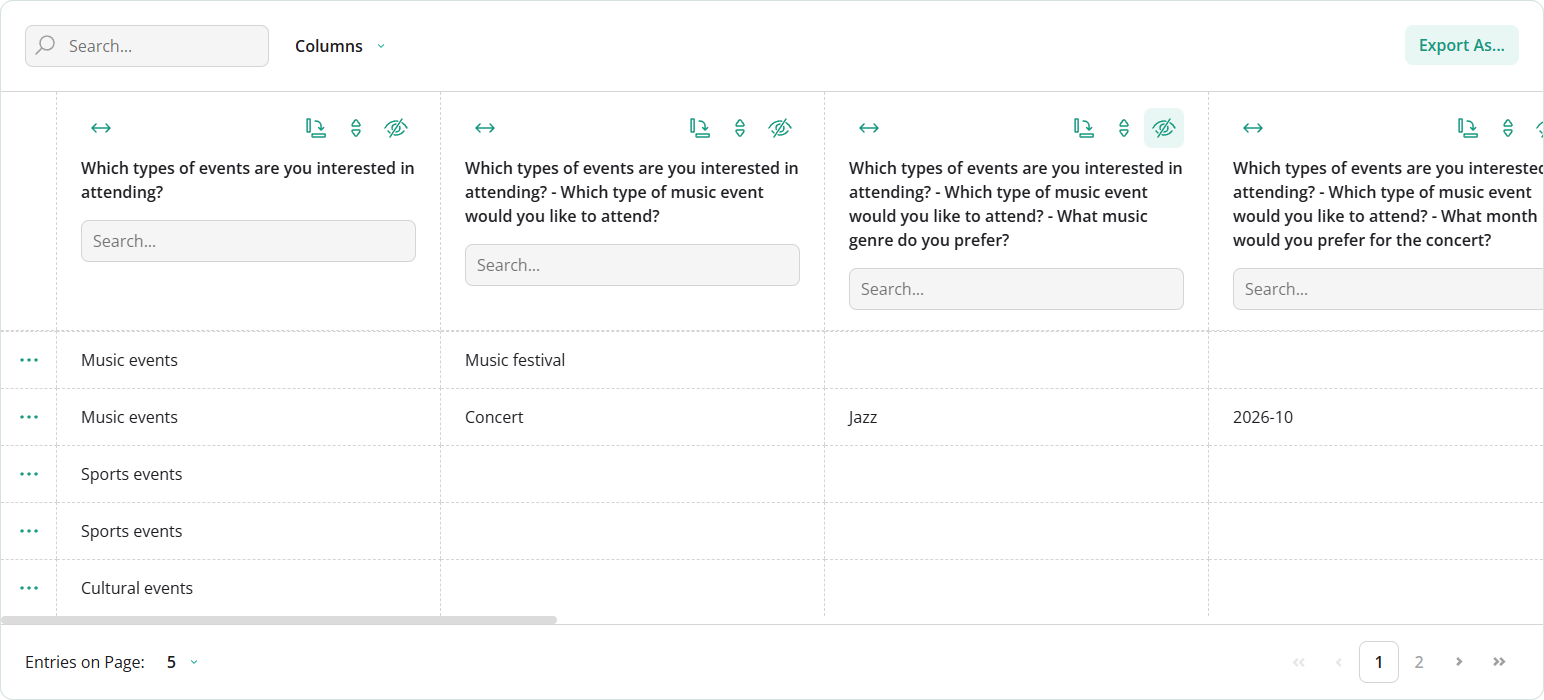 SurveyJS Dashboard - Table View: Visualize content nested in choices