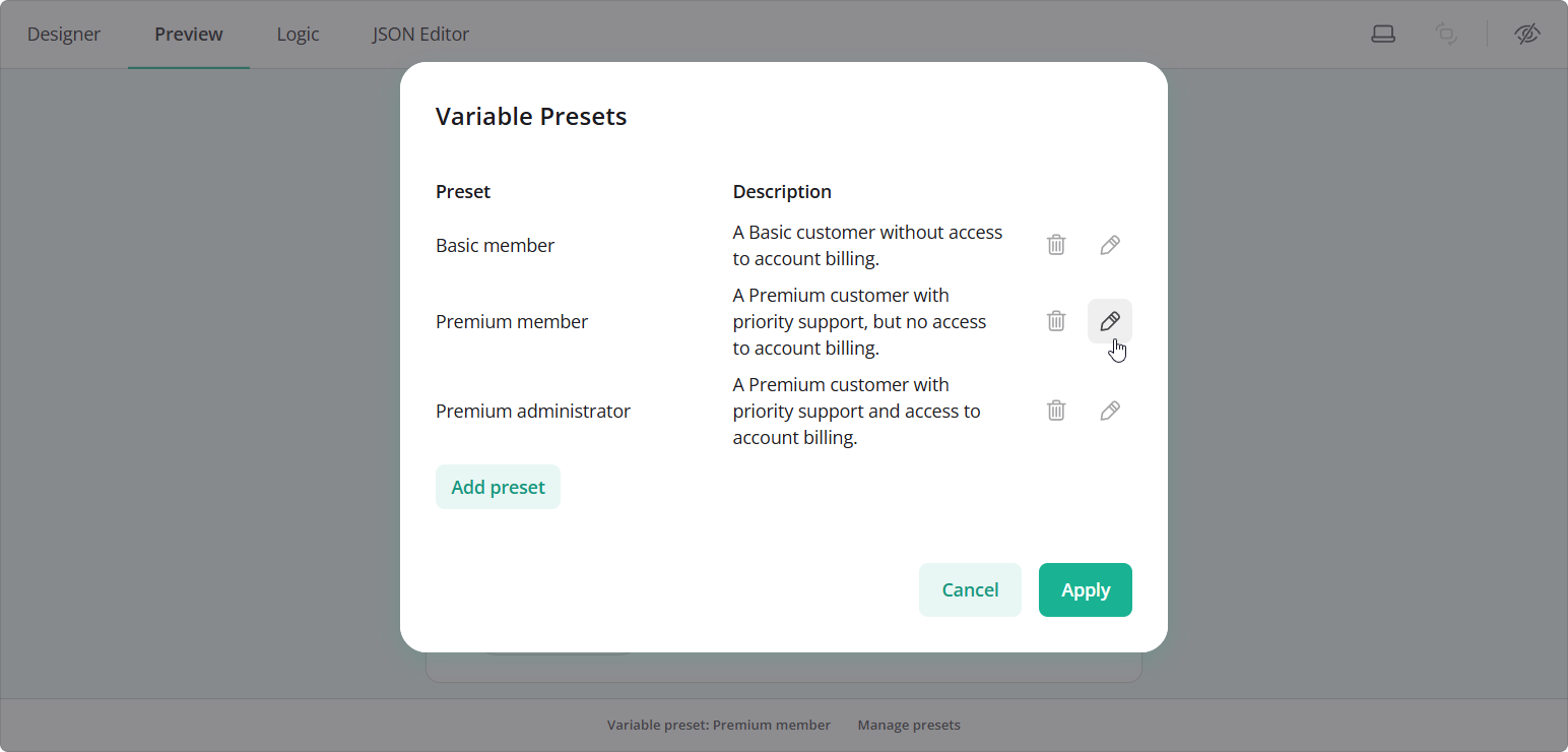 Survey Creator: Manage variable presets in the Preview tab