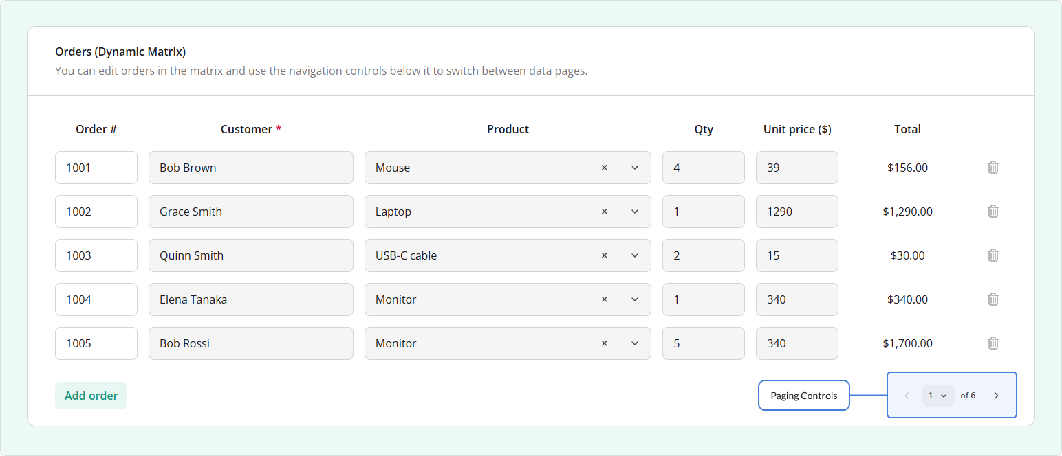 Paging controls in a Dynamic Matrix